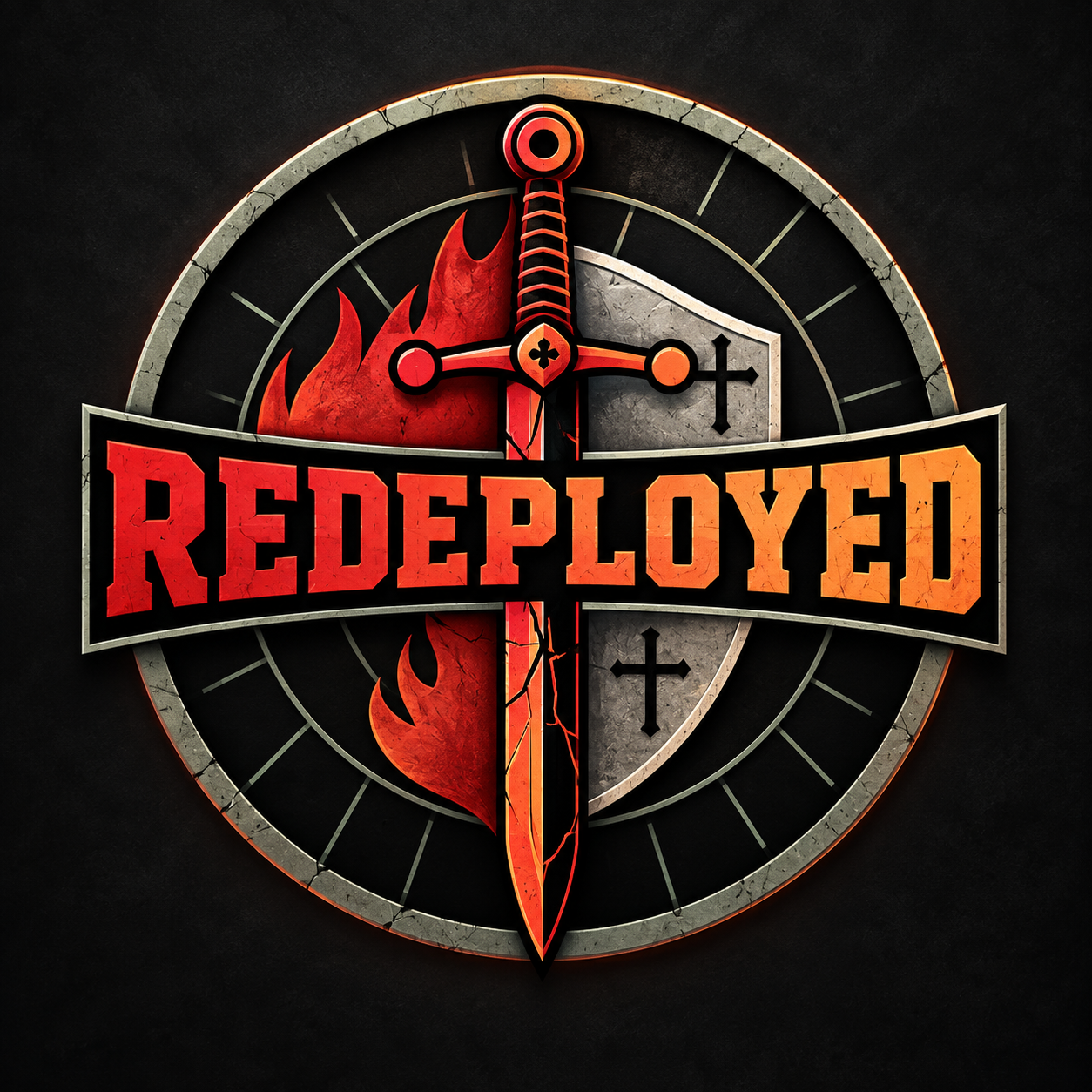 The Redeployed emblem: a cracked sword, fire, a shield and cross within a compass